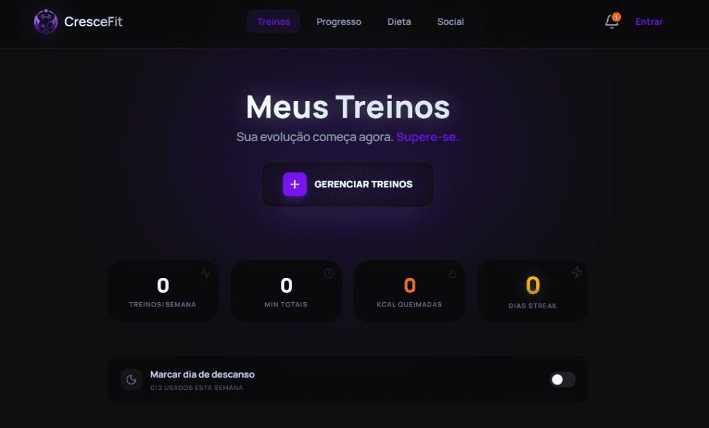 Interface oficial do aplicativo CresceFit mostrando dashboard de calorias e lista de treinamentos.