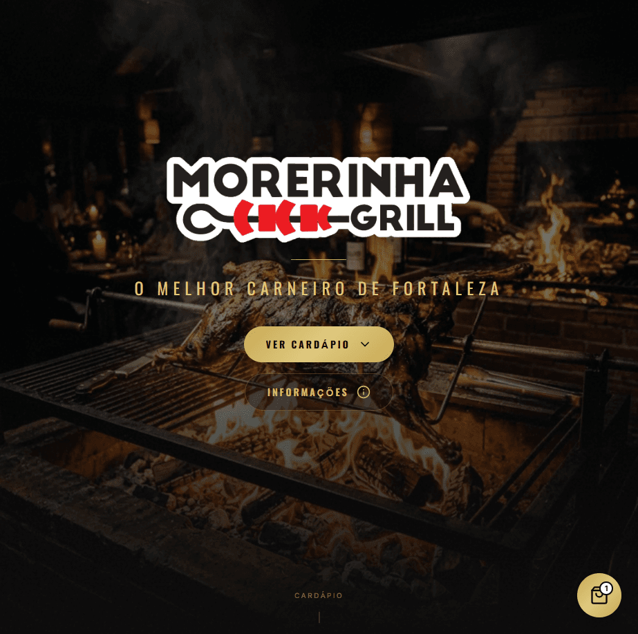 Tela do cardápio digital do Morerinha Grill com capa do restaurante, botões principais e categorias para montar o pedido.