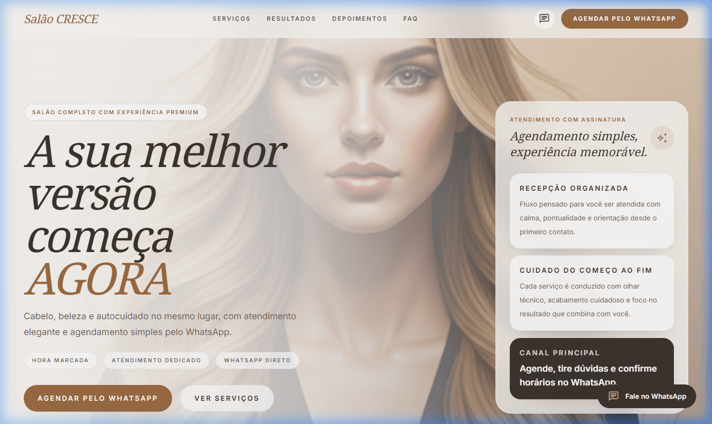 Hero do Salão Cresce com visual premium, agendamento simples e experiência memorável.